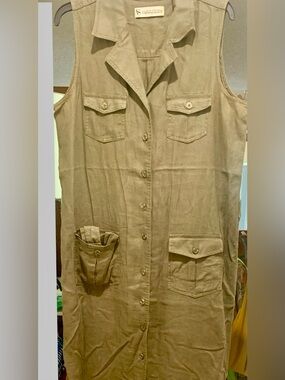 VTG Linen Utility Dress in Olive, Size 14